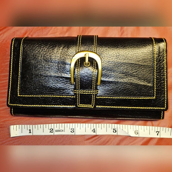 Wallet Black Leather Fold Over w/Bronze Belt Styled Detail E.U.C. 4"×7" - Picture 1 of 6